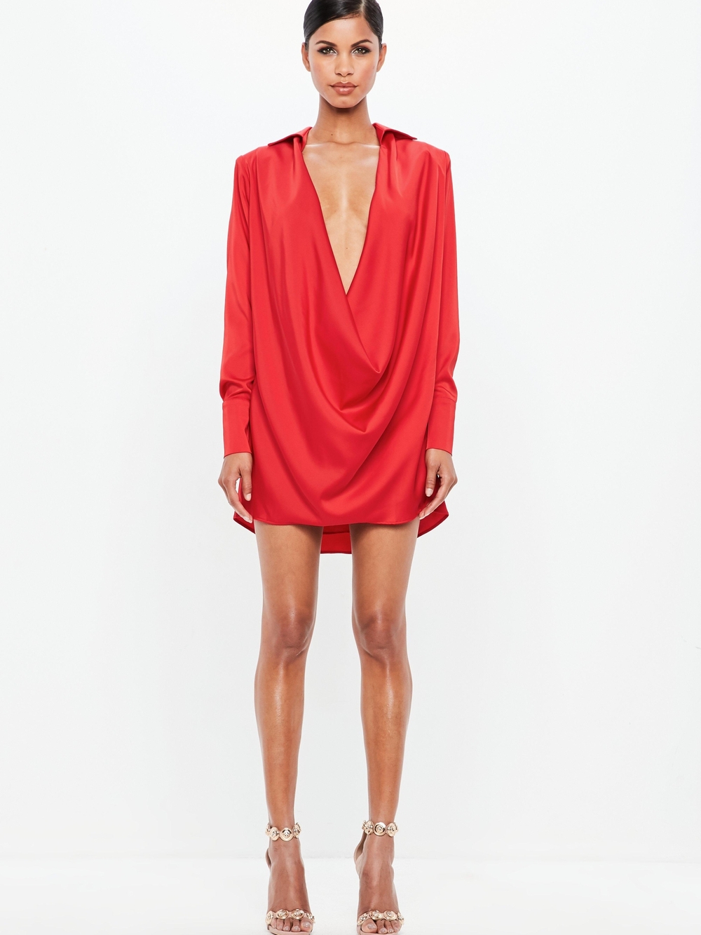 NWT Peace + Love Red Satin Cowl Neck Shirt Mini Dress Size US 10 Long Sleeve Plu